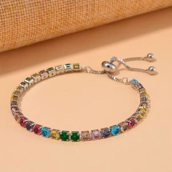 Simulated Multi Color Diamond Tennis Bracelet with Bolo Slider in Silver 6-9 In - Picture 2 of 5